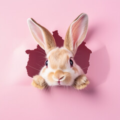 Obraz premium Bunny peeking out of a hole in pink pastel wall, fluffy eared bunny easter bunny banner, rabbit jump out torn hole. Copy space for text banner.
