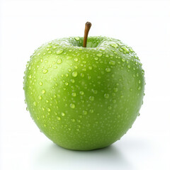 A fresh green apple with water droplets, isolated on a white background, emphasizing its crisp texture and juicy freshness.