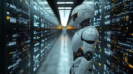 AI and Server Room: Futuristic Robot in Data Center