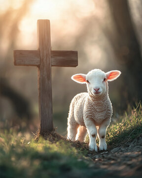 A pure white lamb beside a large wooden cross, symbolizing the Lamb of God. Soft, glowing light, serene natural background, conveying holiness and redemption.