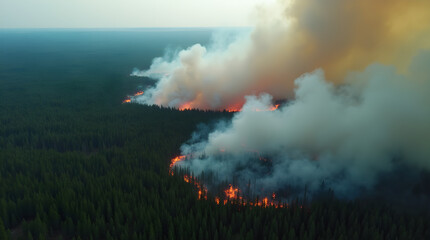 Dramatic Aerial Forest Wildfire Landscape with Burning Trees and Thick Smoke