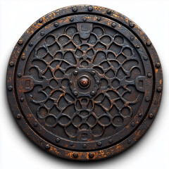 Naklejka premium A rusted manhole cover with intricate patterns and a worn texture, isolated on a white background.