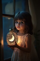 Naklejka premium Little girl holding a lantern at night