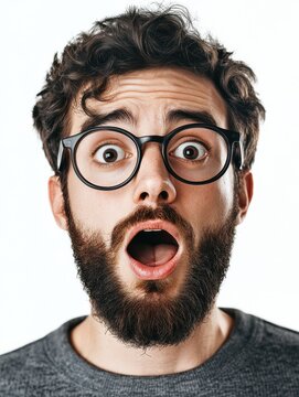 Close up portrait of stunned bearded young guy drops jaw, has bugged dark eyes, sees something unbelievable and surprising, has eyewear, isolated on white background. People, emotions concept