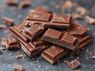 Dark chocolate bars, piled on a gray slate