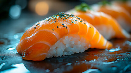 Salmon nigiri served on a dark surface with sesame seeds and hints of freshness, perfect for sushi lovers