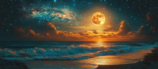Magical Night Seascape: A Full Moon over Ocean Waves