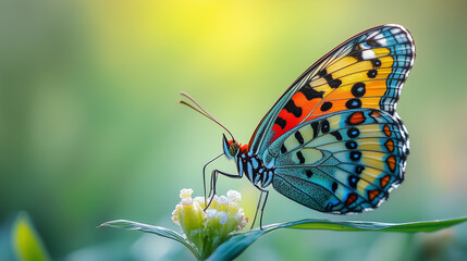 Obraz premium A vibrant butterfly perched on a flower, showcasing intricate wing patterns with vivid colors and delicate details.