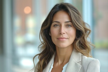 Fototapeta premium A confident young woman in a light blazer, with wavy brown hair and captivating hazel eyes, exuding professionalism in a modern setting.