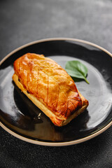 Meat pie quiche French snack fresh delicious gourmet food background on the table rustic food top view copy space