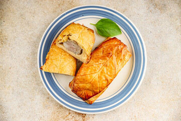 Meat pie quiche French snack fresh delicious gourmet food background on the table rustic food top view copy space