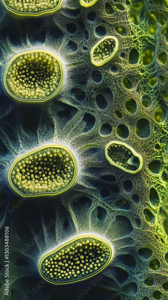 Poster Close-up macro image of plant cells showcasing intricate details of a leafâ€™s surface with a focus on texture, structure, and biological features, symbolizing growth and nature.