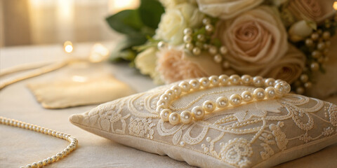 Vintage wedding ring pillow with pearls and lace decoration in soft golden light