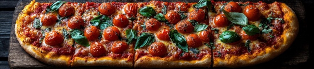Sicilian-style pizza with fresh tomatoes and basil leaves on a wooden board. Generative AI