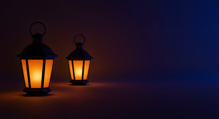 Two illuminated antique lanterns glowing in dark room setting old warm on transparent background