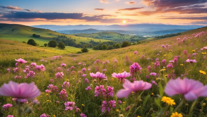 A Serene Wildflower Meadow with Lush Hills Adorned with Nature's Beauty