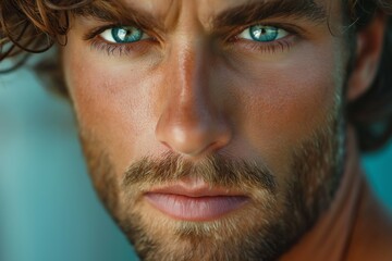 Obraz premium Close-up portrait of a handsome young Caucasian man with striking blue eyes and a rugged beard, exuding confidence and intensity.