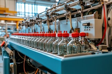 Bottling machine with glass containers in a modern production facility showcasing efficient manufacturing processes and quality control measures healthy production concept