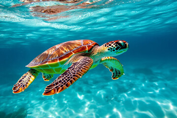 Fototapeta premium Colorful Sea Turtle Gliding Gracefully Through Crystal-Clear Ocean Waters in a Serene Underwater Environment