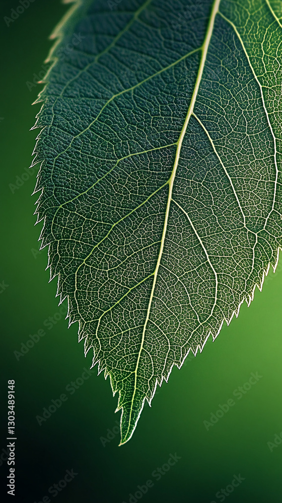 Poster close-up shot of a green leaf with visible veins and intricate texture, representing the beauty of n