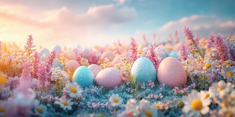 Colorful Easter eggs nestled among blooming flowers at sunrise in a vibrant spring landscape