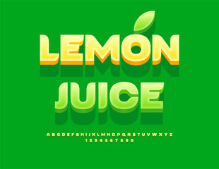 Vector Eco label Lemon Juicy. Fashion Green Font. Trendy Stylish Alphabet Letters and Numbers set 