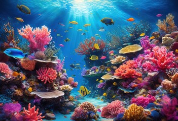 Naklejka premium stunning vibrant coral reef textures brilliant colors surrounded crystal clear tropical waters, aquarium, aquatic, beauty, blues, clarity, coastal