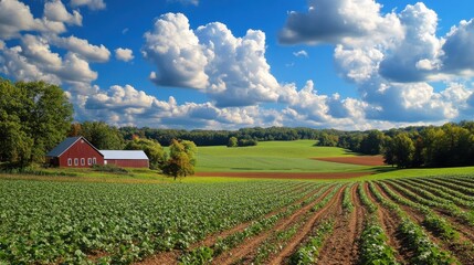 American Farmland With Blue Cloudy Sky