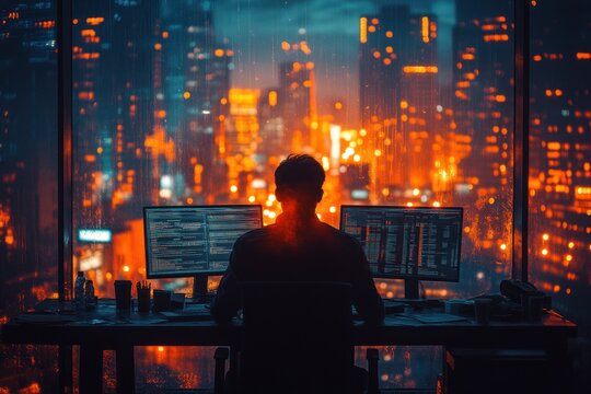 Night City Coder: A Silhouette of Focus Against a Dazzling Urban Panorama