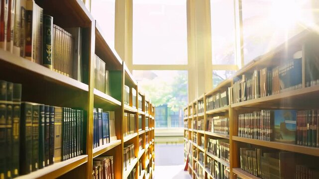 Sunlit library and bookstore aisle with bookshelves filled on a bright day. concept of knowledge, literature, study, education