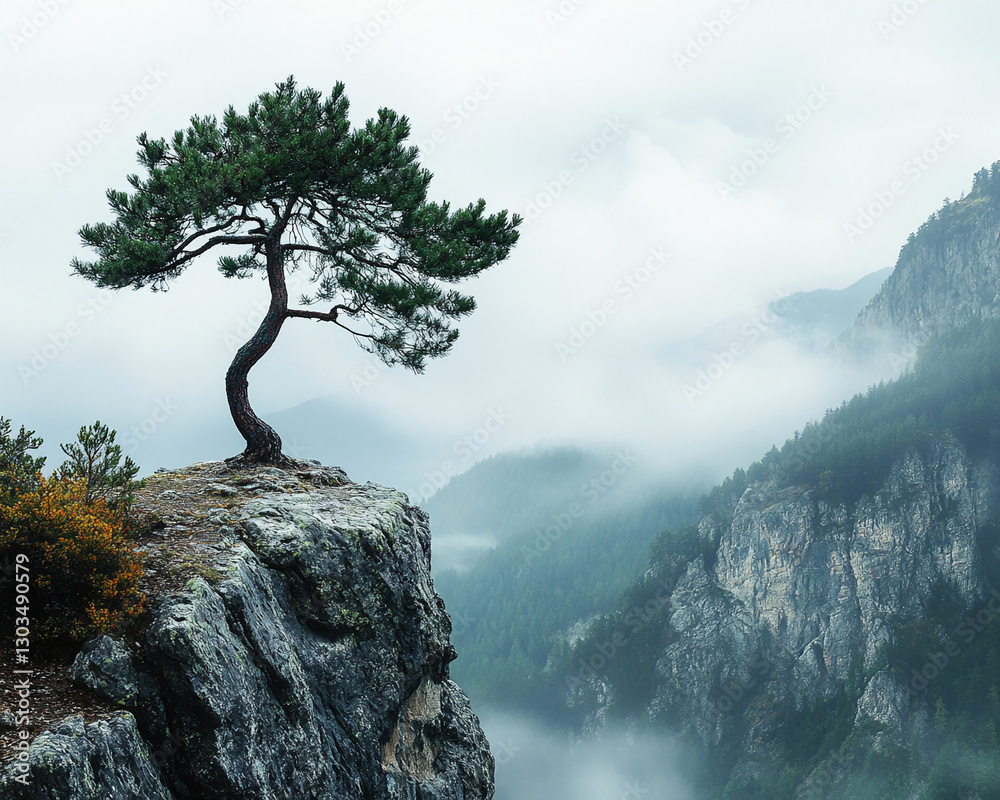 Poster a lone pine tree standing on a cliff with foggy mountains in the background, symbolizing resilience,
