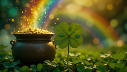A four leaf clover with a rainbow and pot of gold in the background. St. Patrick's Day Concept.