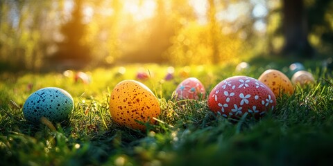 Colorful decorated eggs scattered in a sunlit grassy area during an Easter egg hunt in springtime
