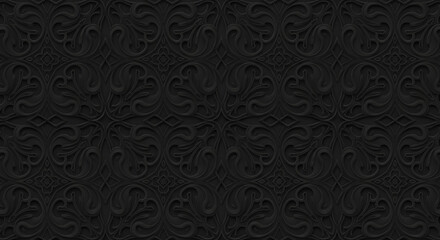 Elegant black embossed floral pattern design texture background 3d art on transparent background