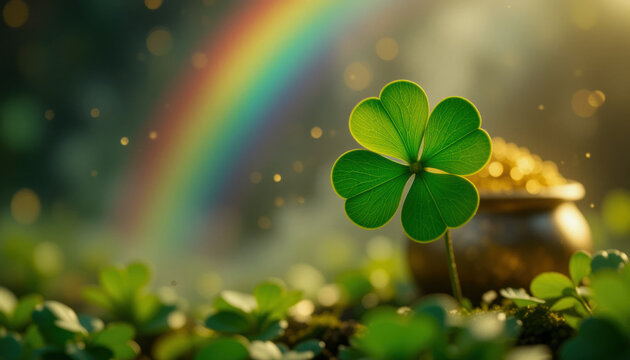 A four leaf clover with a rainbow and pot of gold in the background. St. Patrick's Day Concept.
