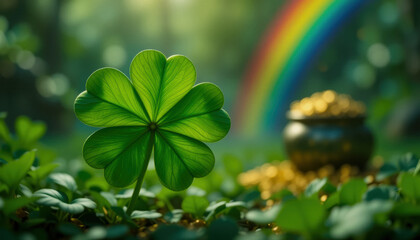 Obraz premium A shamrock with a rainbow and pot of gold in the background. St. Patrick's Day Concept.