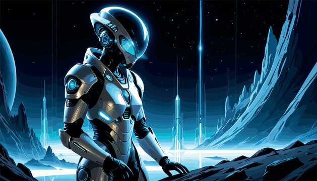 Futuristic humanoid AI exploring an advanced space colony