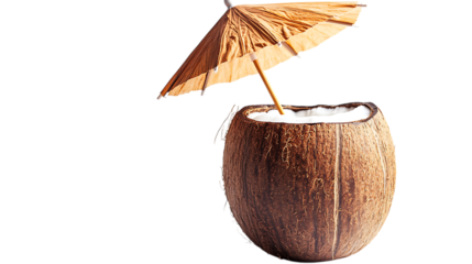 Coconut drink with umbrella, summer cocktail.