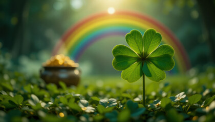 Obraz premium A shamrock with a rainbow and pot of gold in the background. St. Patrick's Day Concept.