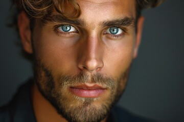 Fototapeta premium Close-up portrait of a handsome male with curly hair and striking blue eyes, exuding confidence and character.