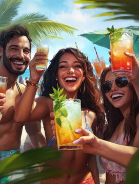 Multiracial happy friends cheering and drinking mojitos at beach party - Focus on center hand holding cocktail