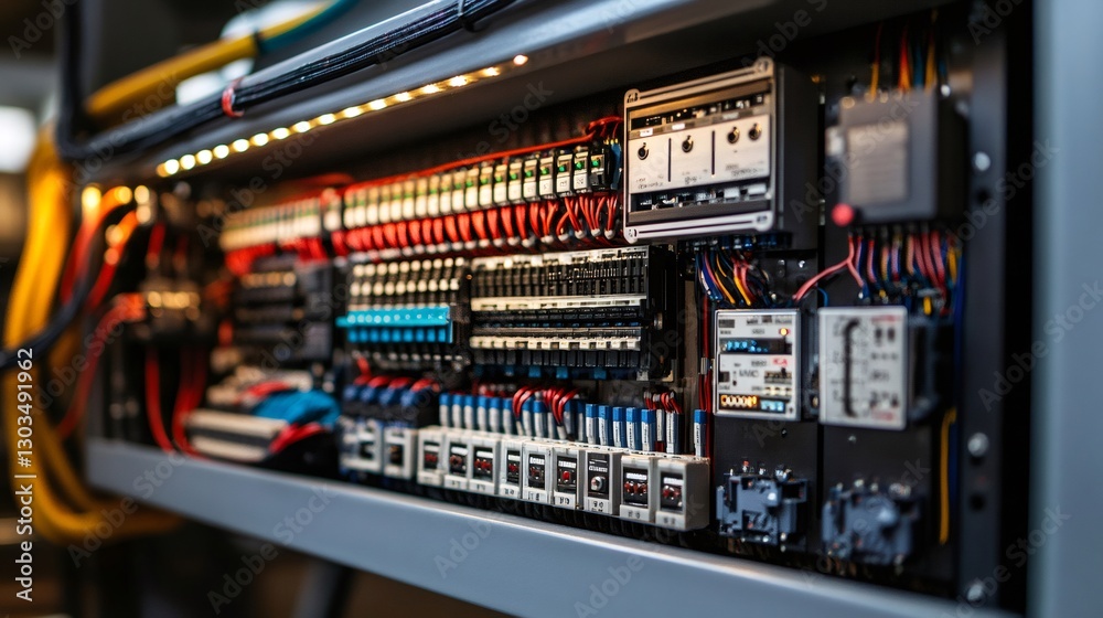 Poster electrical cabinet showing colorful wires and components managing power distribution