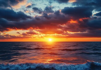 Obraz premium Majestic Sunset Over Calm Ocean Waters with Dramatic Clouds Illuminated by Soft Aqua and Orange Hues Reflecting Serenity in Nature