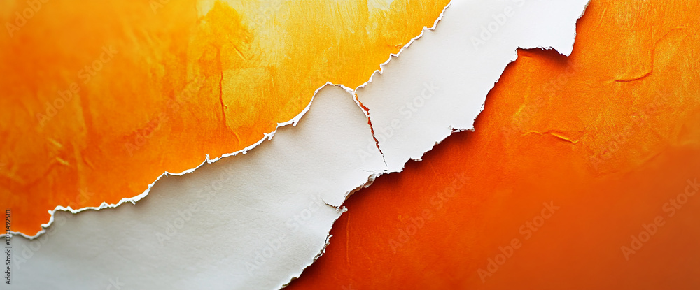 Aufkleber torn paper with jagged edges revealing white space over a vibrant orange background, creating an art