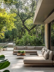 Sleek garden patio featuring modern furniture, stylish plants, and clear windows, creating an elegant and tranquil retreat space