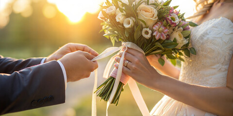 Bride holding wedding bouquet while exchanging rings with groom in sunlit ceremony
