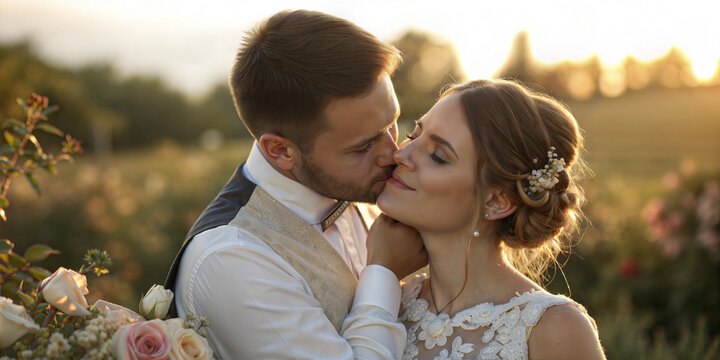 Romantic newlywed couple embracing at sunset in blooming orchard after wedding ceremony