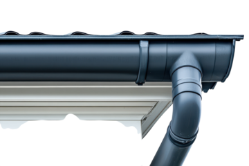 Modern black rain gutter system installed on a contemporary home’s roof for efficient water drainage isolated on transparent background