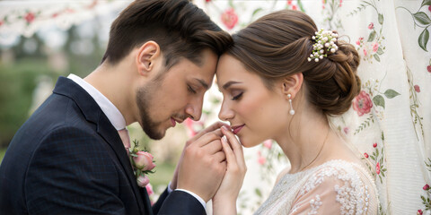 Groom and bride sharing intimate moment with flowers under soft sunlight in orchard