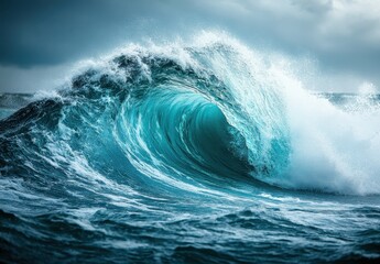 Majestic Turquoise Wave Crashing with Energy Under Cloudy Sky in Ocean Landscape Surrounded by Soft Marine Hues and Dynamic Water Motion